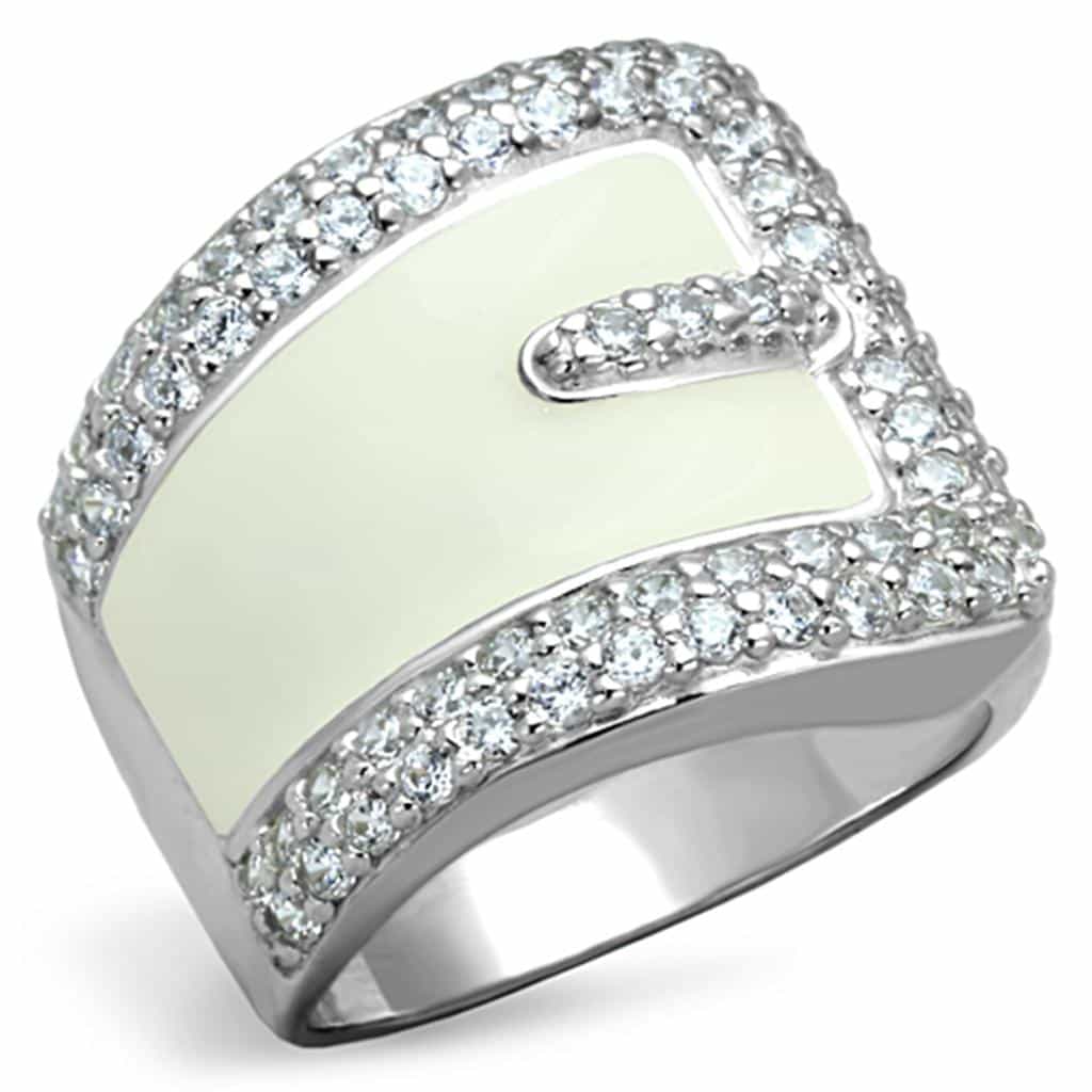 Sterling Silver White Enamel CZ Pave Wide Band Ring view 3