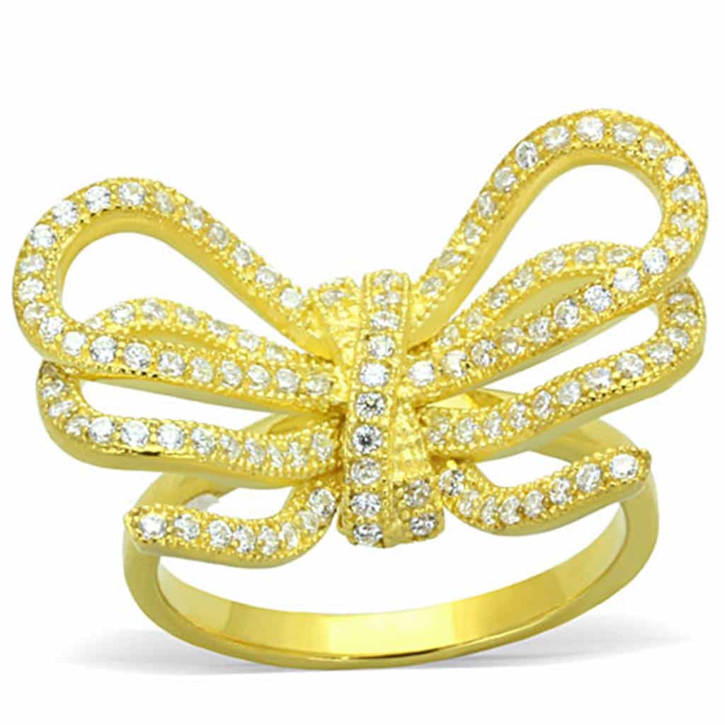 Sterling Silver Gold CZ Pave Bow Ribbon Statement Ring view 1