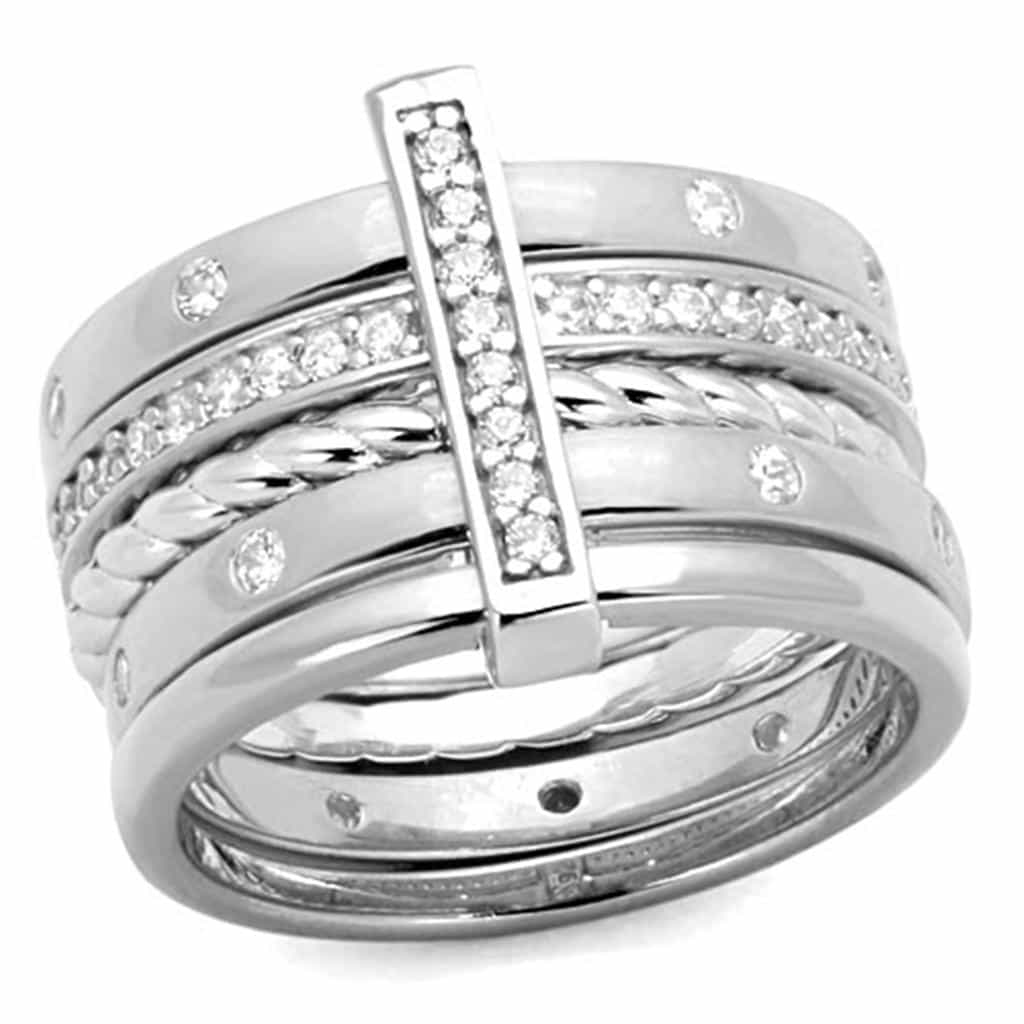 Sterling Silver CZ Channel Two Tone Stacked Band Ring view 1