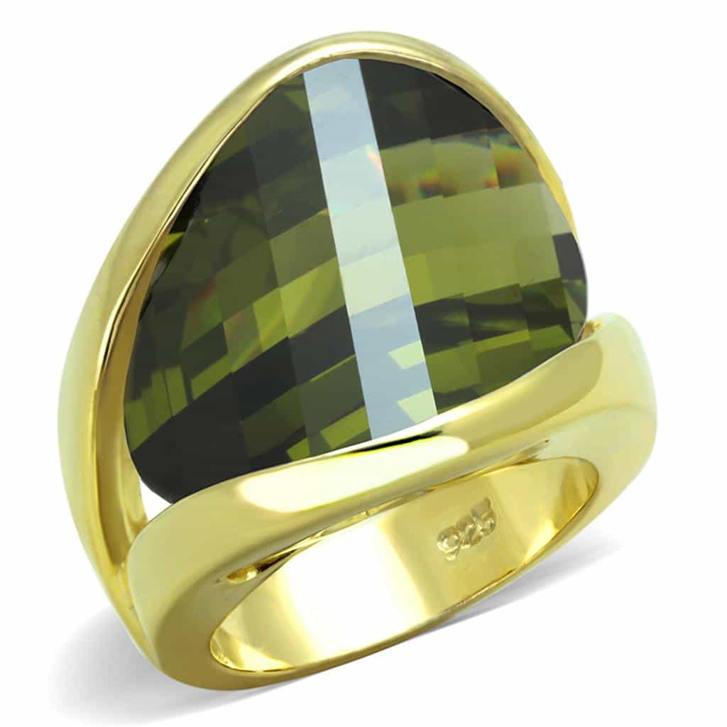 Sterling Silver Gold Dark Olive Faceted Trillion Oversized Ring view 1
