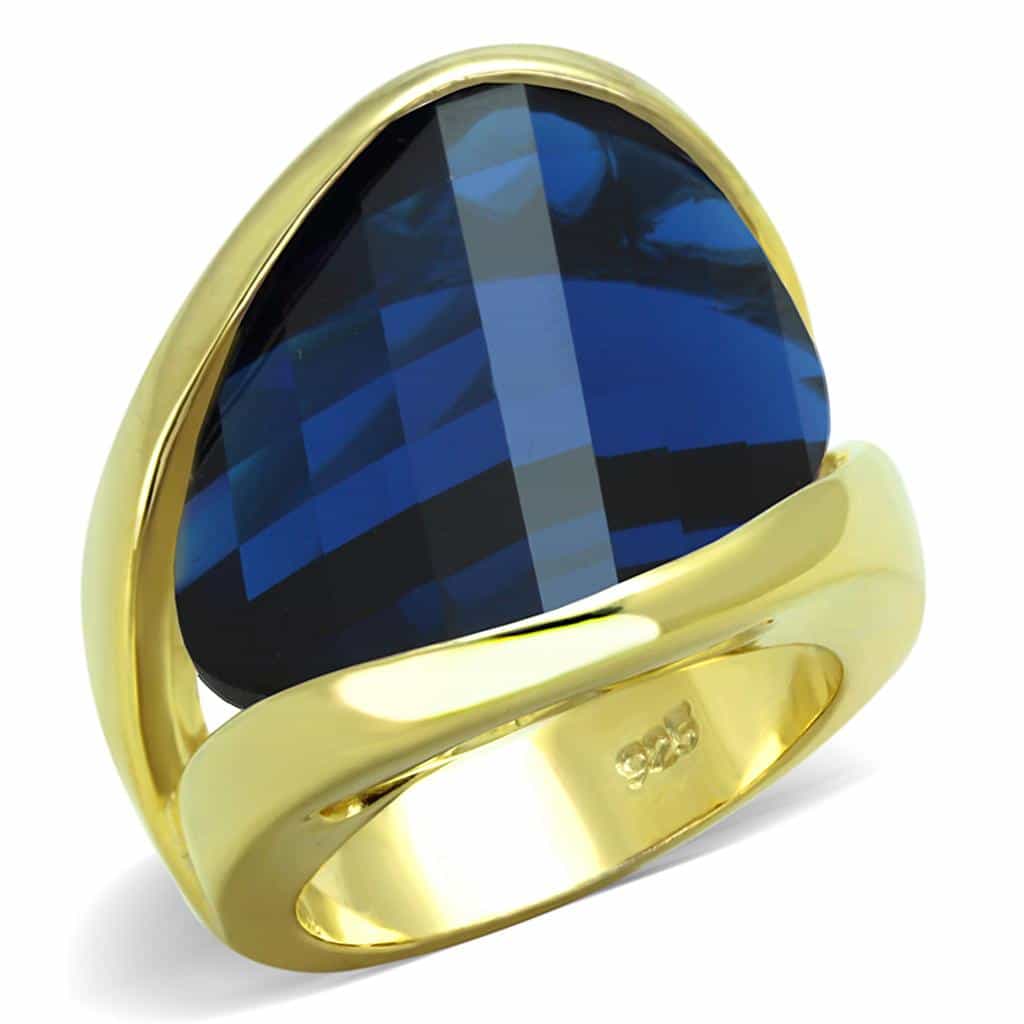 Sterling Silver Gold Dark Blue Sapphire Faceted Trillion Ring view 1