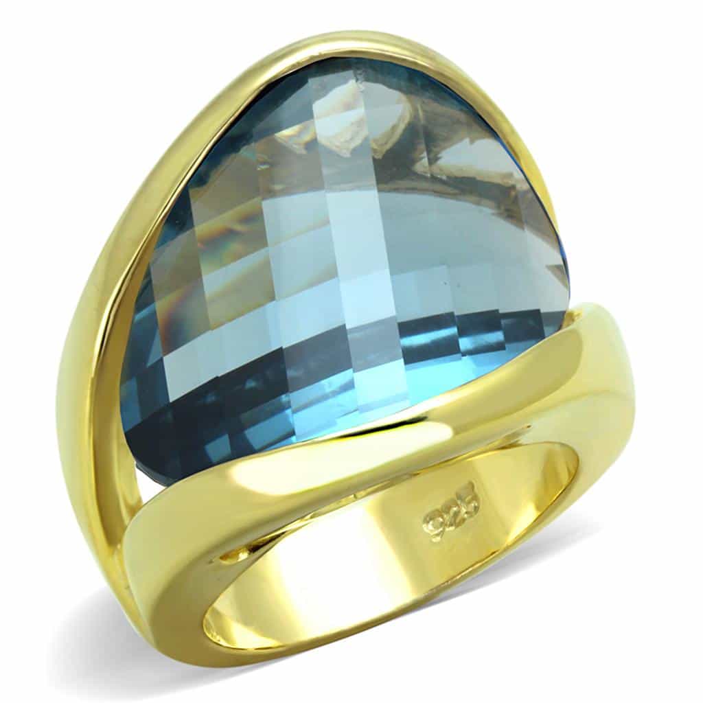 Sterling Silver Gold Aqua Blue Faceted Trillion Oversized Ring view 1