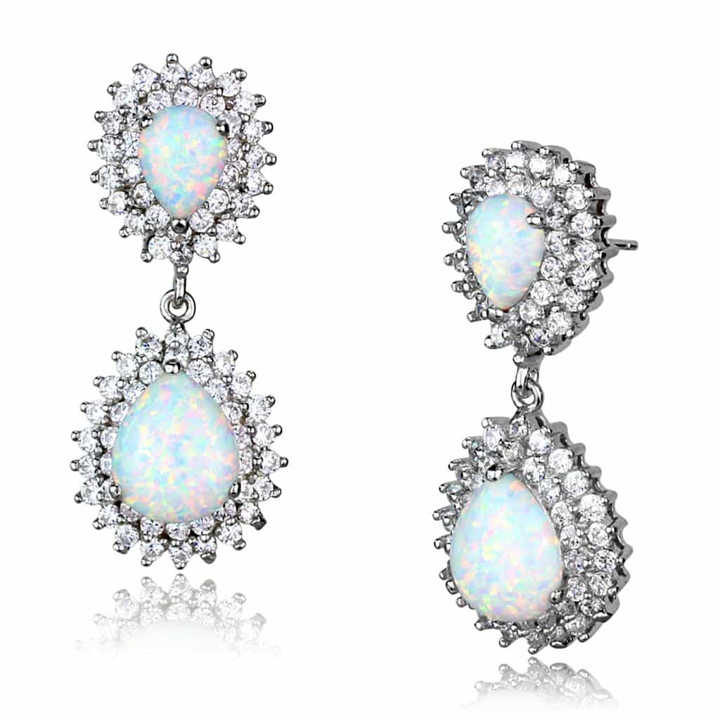 Sterling Silver White Opal Pear CZ Halo Drop Earrings view 1