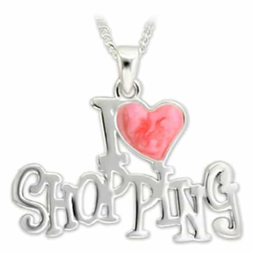Brass Silver Pink Heart I Love Shopping Pendant Necklace view 1