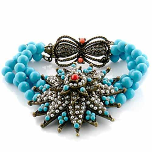 Brass Turquoise Bead Crystal Bow Starburst Stretch Bracelet view 1