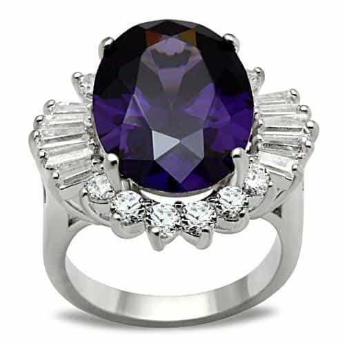 Sterling Silver Dark Amethyst Oval CZ Baguette Halo Cocktail Ring view 1
