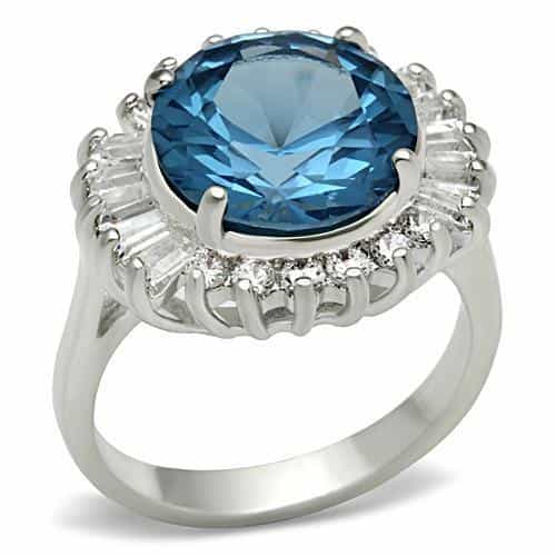 Sterling Silver Aqua Blue Round CZ Baguette Halo Cocktail Ring view 5