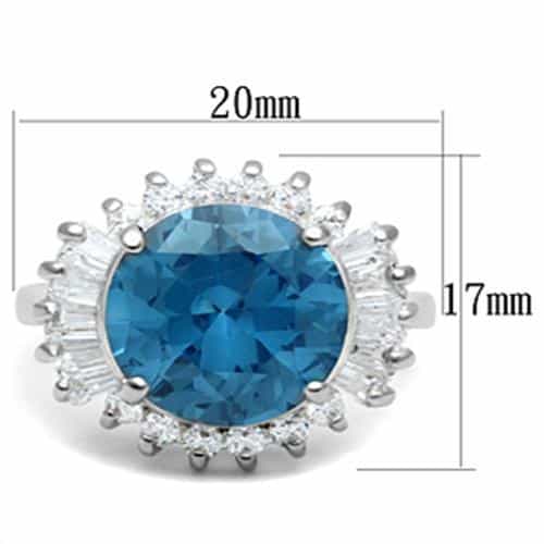 Sterling Silver Aqua Blue Round CZ Baguette Halo Cocktail Ring view 2