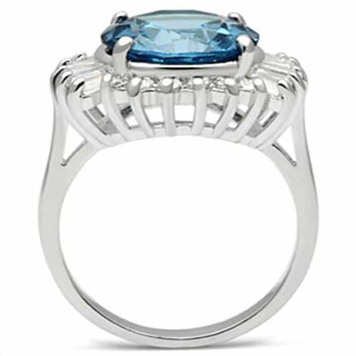 Sterling Silver Aqua Blue Round CZ Baguette Halo Cocktail Ring view 7