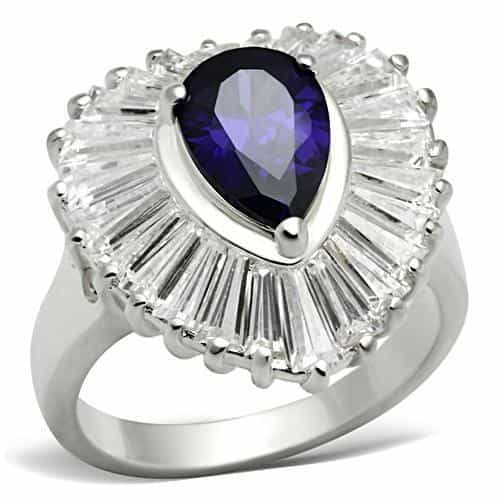 Sterling Silver Dark Purple Pear CZ Baguette Ballerina Halo Ring view 1