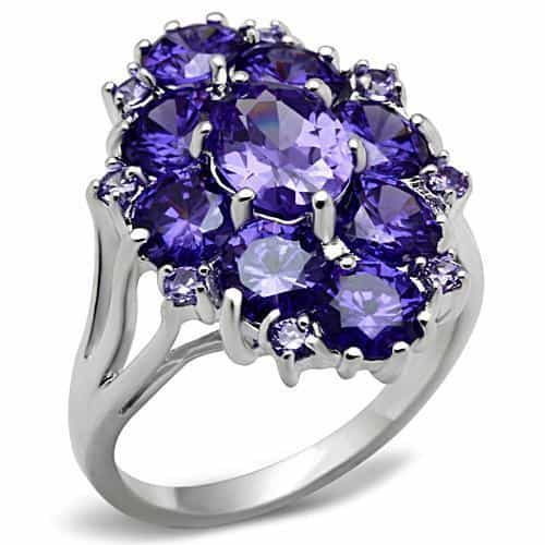 Sterling Silver Purple Tanzanite Round CZ Cluster Flower Ring view 1