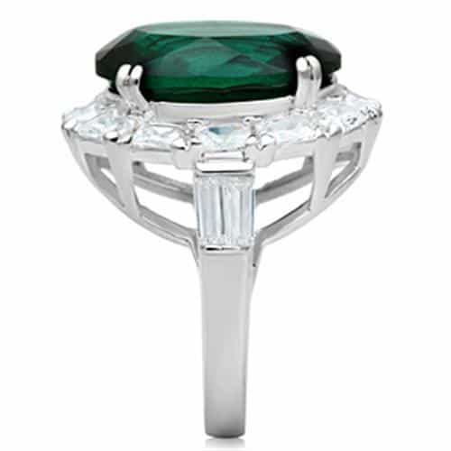 Sterling Silver Dark Emerald Green Cushion CZ Baguette Halo Ring view 8