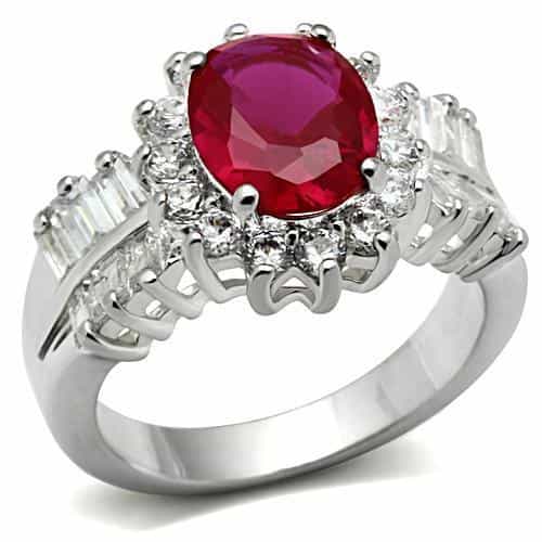 Sterling Silver Ruby Red Oval CZ Baguette Halo Cocktail Ring view 1
