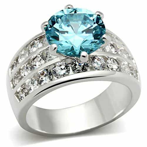 Sterling Silver Aqua Blue Round CZ Pave Multi Row Wide Band Ring view 5