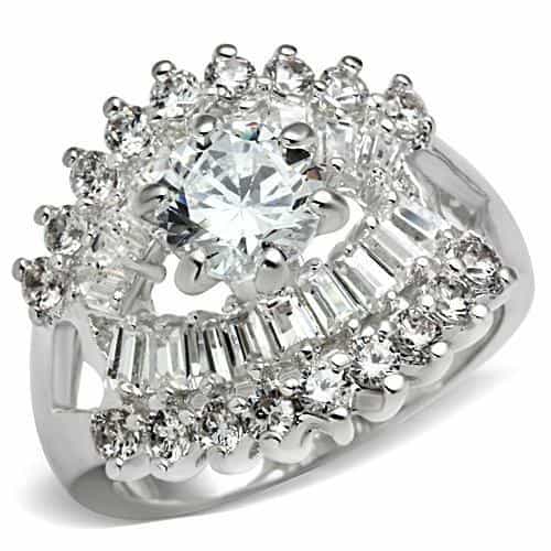 Sterling Silver CZ Round Baguette Starburst Halo Cocktail Ring view 1
