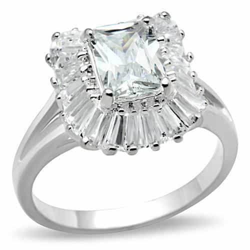 Sterling Silver CZ Princess Cut Baguette Starburst Halo Ring view 1