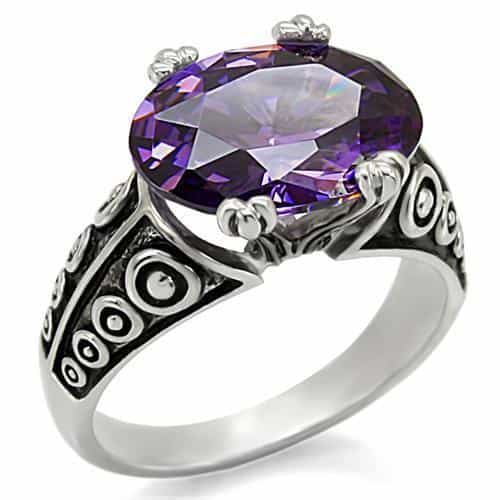 Stainless Steel Stainless Steel Purple Amethyst Oval Ornate Ring view 1