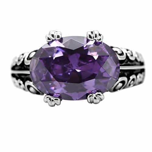 Stainless Steel Stainless Steel Purple Amethyst Oval Ornate Ring view 8