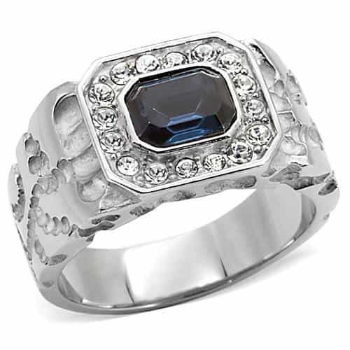 Stainless Steel Stainless Steel Dark Blue Sapphire Emerald Ring view 1