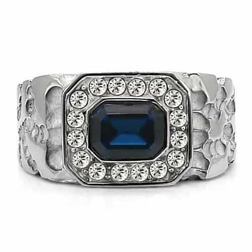 Stainless Steel Stainless Steel Dark Blue Sapphire Emerald Ring view 3