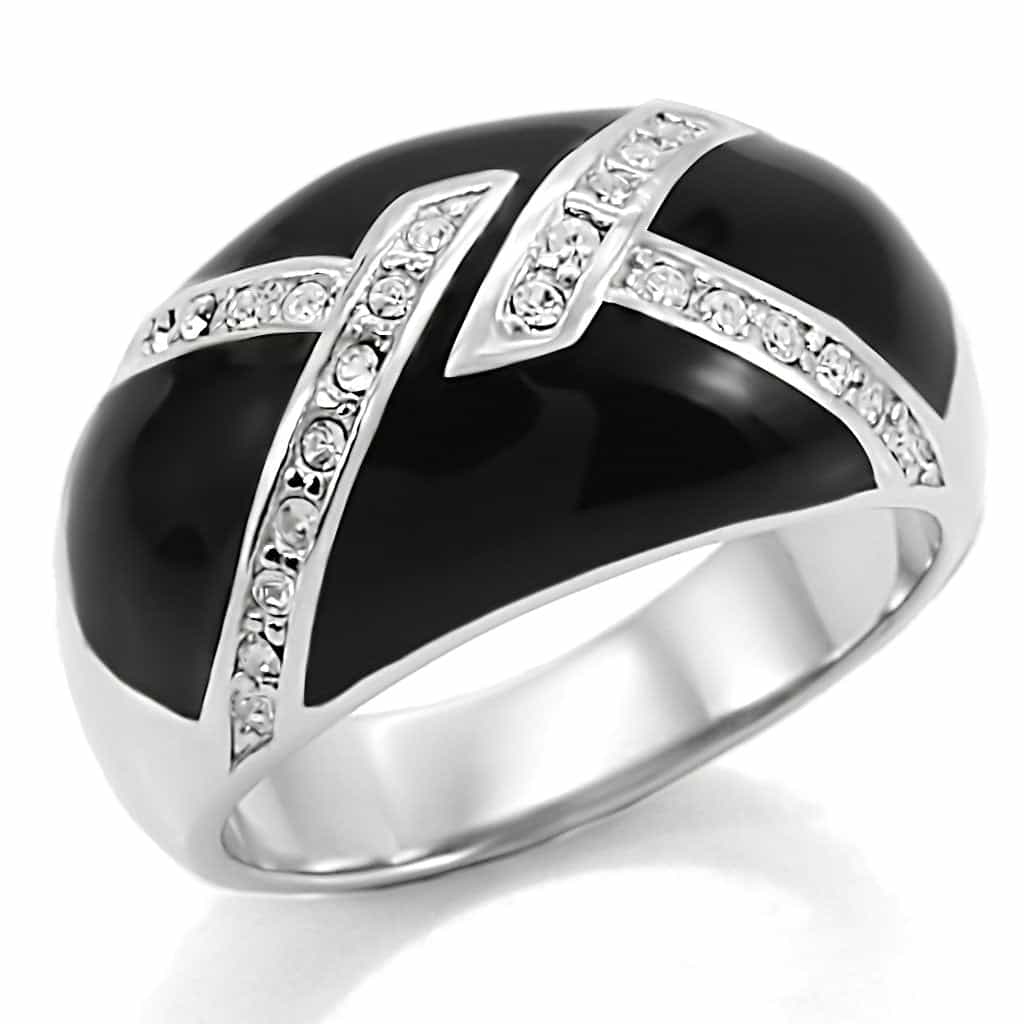 Stainless Steel Stainless Steel Black Enamel CZ Stripe Dome Ring view 6