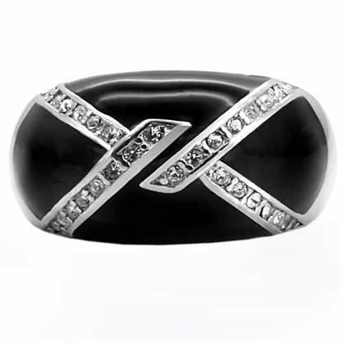 Stainless Steel Stainless Steel Black Enamel CZ Stripe Dome Ring view 8