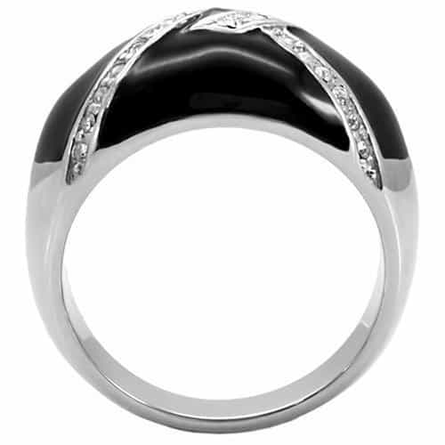 Stainless Steel Stainless Steel Black Enamel CZ Stripe Dome Ring view 4