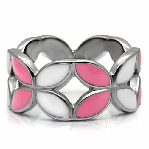 Stainless Steel Pink White Enamel Petal Flower Ring view 3