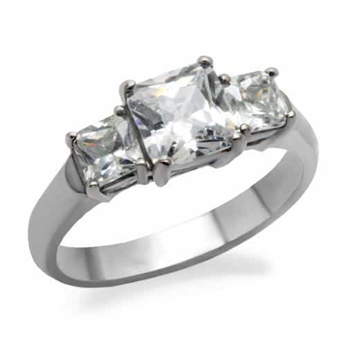 Stainless Steel CZ Princess Cut Three Stone Ring view 1