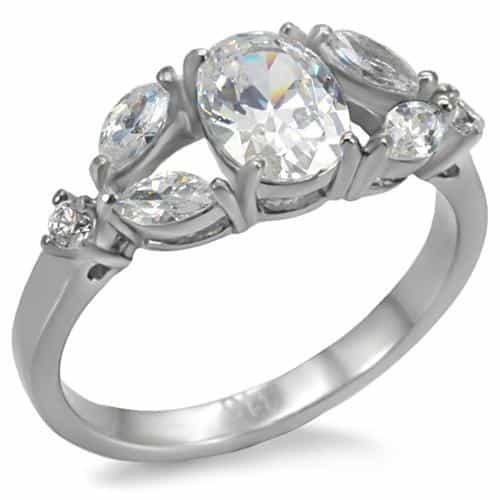 Stainless Steel CZ Oval Marquise Three Stone Ring view 6
