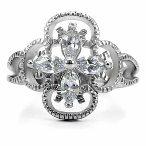 Stainless Steel CZ Marquise Flower Filigree Open Work Ring view 3