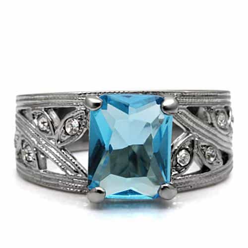 Stainless Steel Blue Emerald Cut Wide Band Milgrain Ring view 3