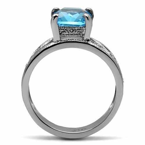 Stainless Steel Blue Emerald Cut Wide Band Milgrain Ring view 4