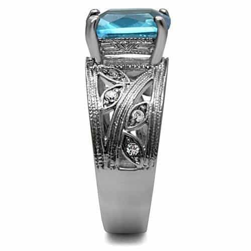 Stainless Steel Blue Emerald Cut Wide Band Milgrain Ring view 5