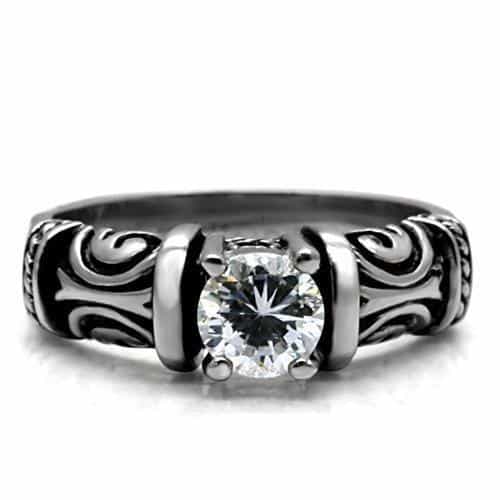 Stainless Steel CZ Round Solitaire Tribal Carved Band Ring view 8