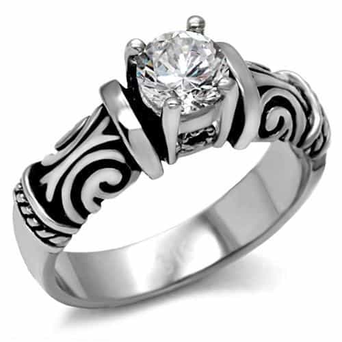 Stainless Steel CZ Round Solitaire Tribal Carved Band Ring view 1