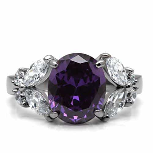 Stainless Steel Amethyst Oval CZ Marquise Three Stone Ring view 8