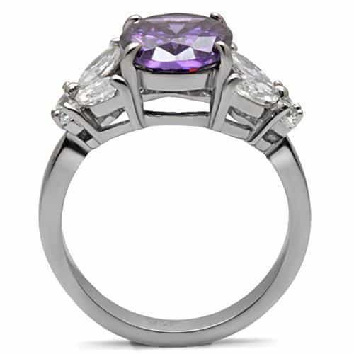 Stainless Steel Amethyst Oval CZ Marquise Three Stone Ring view 4