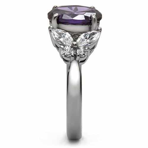 Stainless Steel Amethyst Oval CZ Marquise Three Stone Ring view 5