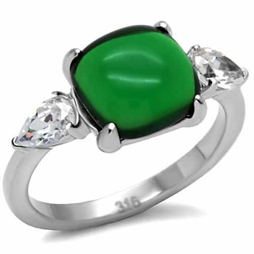 Stainless Steel Green Cabochon Cushion CZ Pear Three Stone Ring view 1