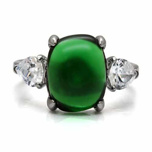 Stainless Steel Green Cabochon Cushion CZ Pear Three Stone Ring view 8
