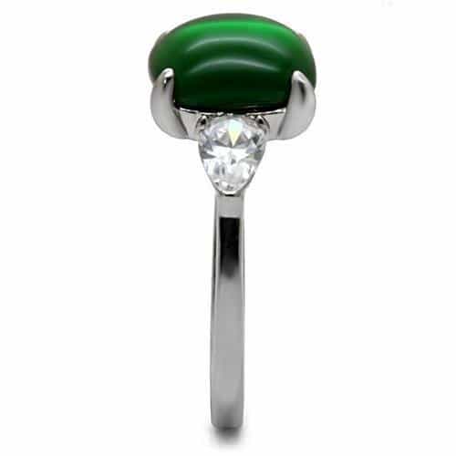 Stainless Steel Green Cabochon Cushion CZ Pear Three Stone Ring view 10
