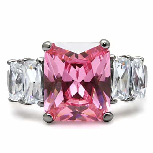 Stainless Steel Pink Princess Baguette Three Stone Ring view 7