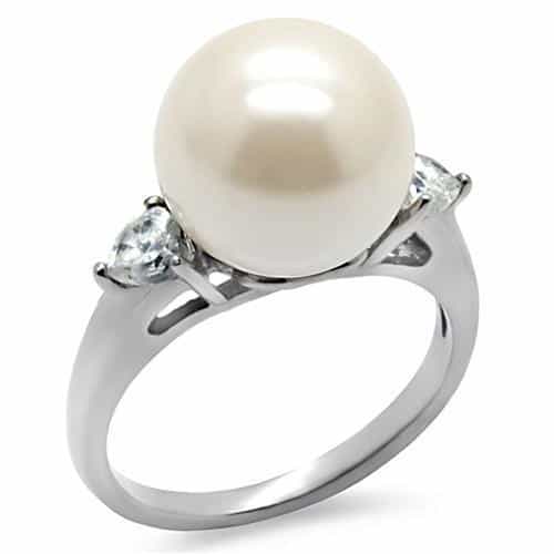 Stainless Steel White Pearl CZ Accent Ring view 1