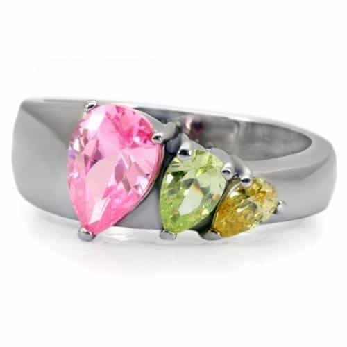 Stainless Steel Multi Color Pear Three Stone Ring view 3