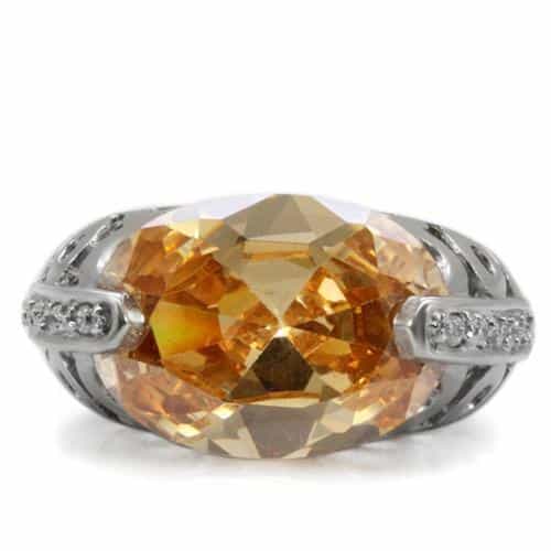 Stainless Steel Champagne Oval CZ Filigree Open Work Ring view 8