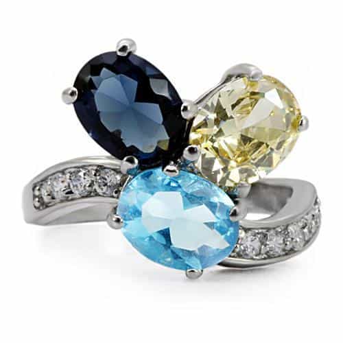 Stainless Steel Multi Color Oval Three Stone Pave Ring view 3