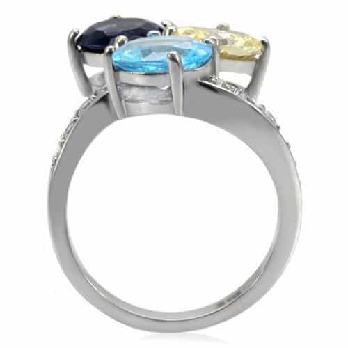 Stainless Steel Multi Color Oval Three Stone Pave Ring view 9