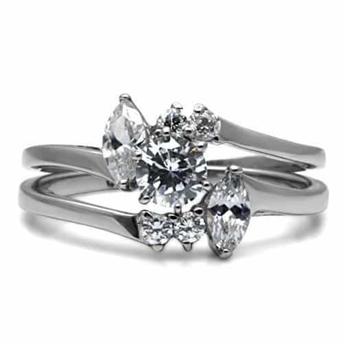 Stainless Steel CZ Round Three Stone Bridal Set Ring view 3