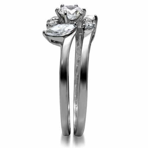 Stainless Steel CZ Round Three Stone Bridal Set Ring view 10